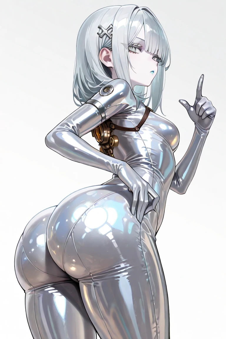 5 8K UHD、Silver-haired beauty in a shiny full-body silver suit with glasses is looking back showing her buttocks、Beauty with shiny silver latex suit glasses with hidden skin、Upper body only