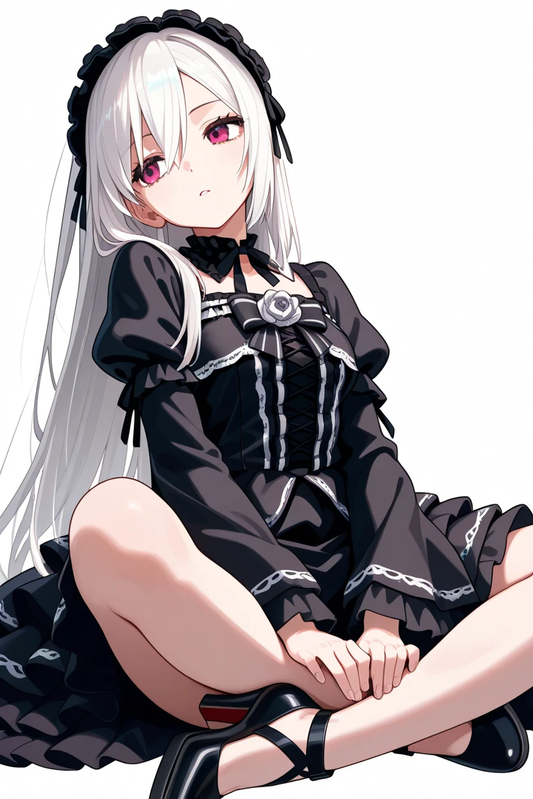 score_9, score_8_up, score_7_up, score_6_up, score_5_up, score_4_up, source_anime, BREAK 1girl, ohr-default, ohr (blue archive), white skin, covered eyes, parted bangs, long hair, white dress, wide sleeves, sitting on floor, hands between thighs, wariza, neutral, black background
