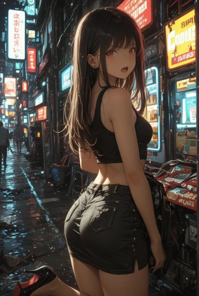 NSFW、1 girl、street in tokyo、cityscape、downtown at night、neon、The signboard is dazzling、Upper body、Close-up、smile、、(8K、Raw photo、highest quality、masterpiece:1.2)、(real、フォトreal:1.37)、High definition eyelash drawing、(((Highest image quality)))、big breasts、slender。fine skin、(beautiful hair)、(perfect anatomy)、(real)、sensual look、highest quality、High resolution、(((full bodied lesbian)))、Denim Tight Shorts、Short T-shirt with stomach visible、(high heels)