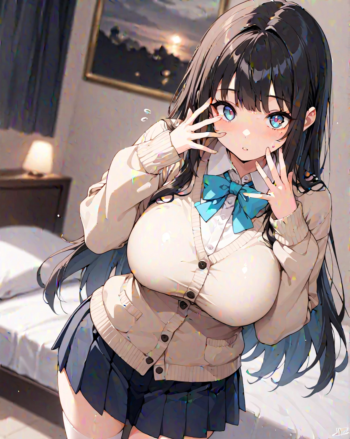 (shirt lift:1.2) ,large breast,focus breasts,show bra ,lace bra,navel, Biologically correct five fingers、 Upper Body, Realistic, real person, (pale skin: 1.2), RAW photo, photorealistic, portrait photography, shiny skin, shiny hair、(A 25-year-old woman with medium-length hair and bangs) and (wavy hair) and (brown hair) and (orange eyes) , (White long sleeve shirt:1.5)、 (embarrassed,nose blush:1.3), The background is the living room at night、dark、Alone、Are standing