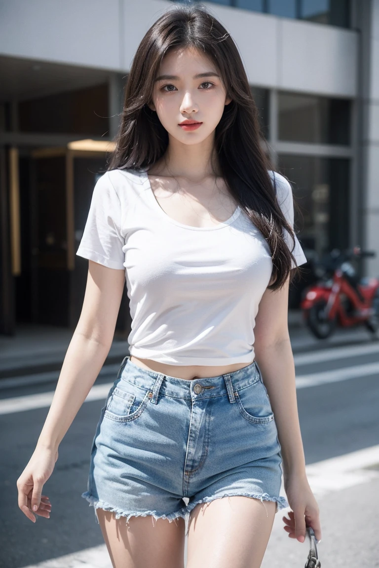 A perfect young female，Chinese in over size t-shirt, High waist jeans,  CG rendering, Blurred background, deep shadow, 16K, bokered, Very detailed, wallpaper, depth of field, movie light, Ray tracing
