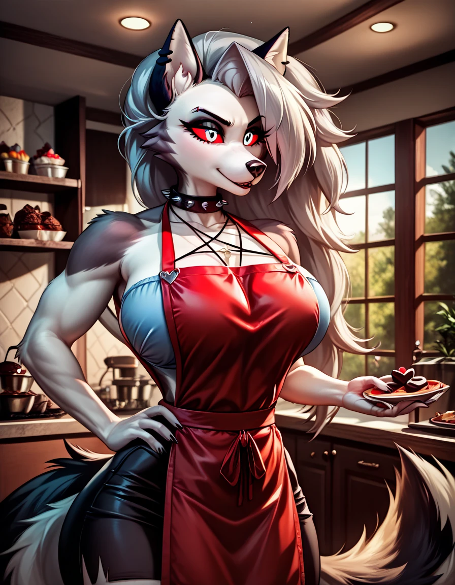 A glamorous, muscular, anthropomorphic bear animatronic character, Glamrock Freddy, in an intimate, erotic encounter with the voluptuous, curvy Loona, an anthro wolf character, in a dimly lit security room at night, surrounded by scattered pizza slices. Loona enthusiastically licks Freddy's large, bulbous, well-endowed member. Highly detailed, photorealistic, 8k, masterpiece