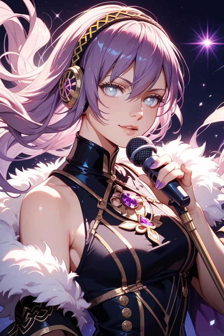 holding a microphone, gesticulate, spotlights, stage, singing, flying feathers, Laura_(vindictus), 1girl, smile, open mouth, looking at viewer, short hair, animal ears, cleavage, jewelry, purple eyes, purple hair, cat ears, necklace, facial mark, forehead mark, feathered wings, armlet, angel wings, angel, bracer, golden choker, golden ornament <lora:Laura6_lora:1> (masterpiece,highres,beautiful, realistic,extremely detailed face,best quality:1.2), (shiny skin), blurry,