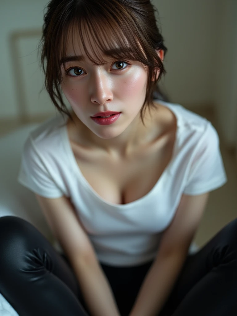 (Detailed skin:1.2),(Glowing Skin:1.1), 8k, Highest quality, masterpiece, Ultra-high resolution, (Realistic:1.4), RAW Photos, (Soft Saturation:1.3), (Fair skin:1.2), Japanese Idols, 17 years old, Detailed face, Perfect female body, Medium Hair, Messy Hair, Asymmetrical bangs, Light brown hair, (Black fishnet stockings:1.2), (Kneel on the floor with your legs spread:1.2), 非常にDetailed face, Highly detailed lips, Detailed eyes, double eyelid