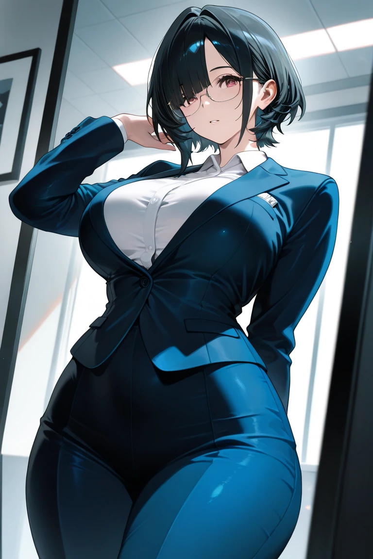Shiny skin,Soft Breasts,The valley is visible,Thin thighs,Glasses,boyish,Very Short Hair,cool,Hair covers one eye, Narrow waist,Asymmetrical bangs、real、Highest quality、business suit、My chest is about to burst、Huge breasts、Fearless smile、skirt、Leaning forward、Sexy、Two-tone hair、I can see the valley、