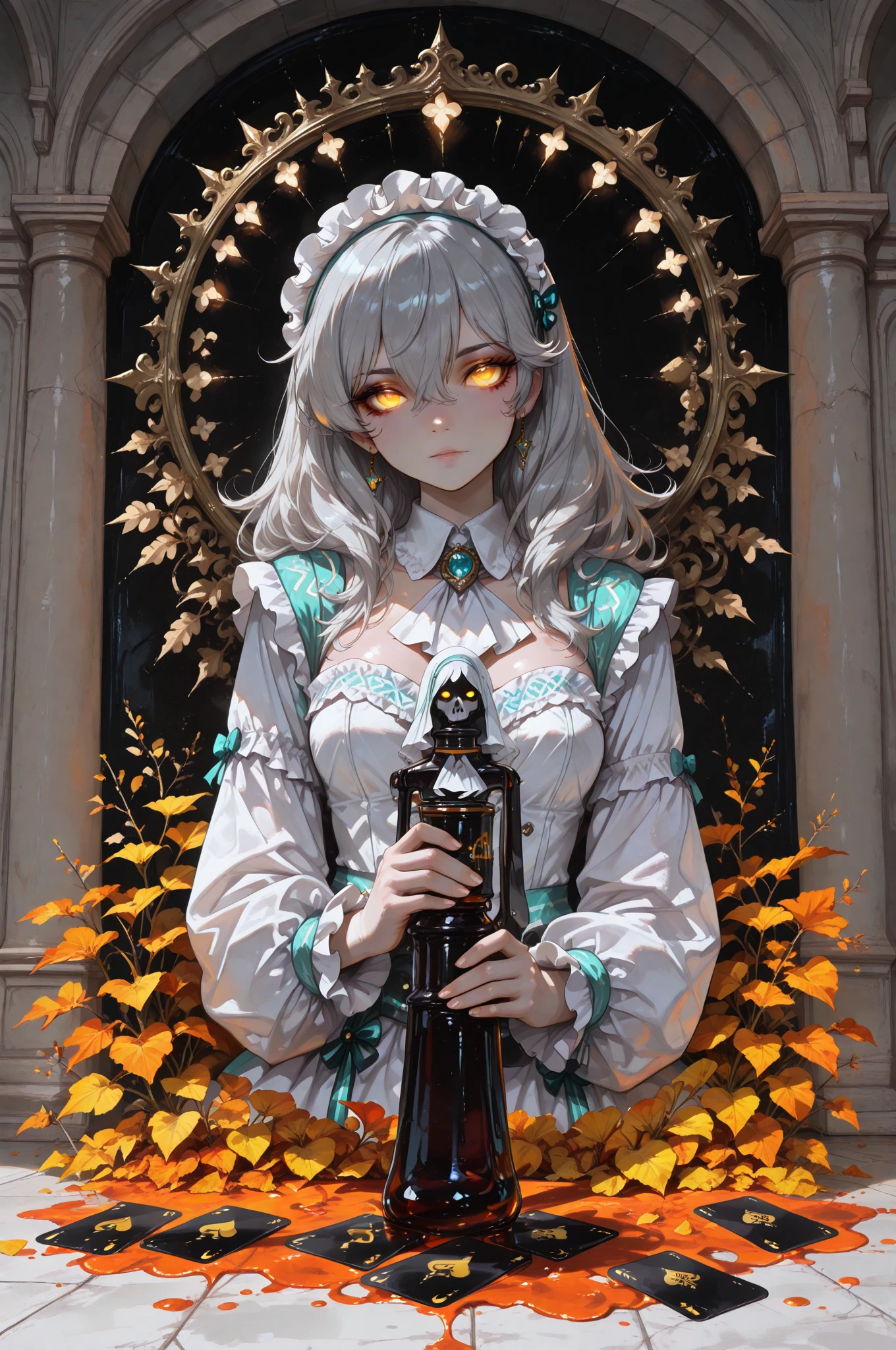 1 girl, upper body, single focus, ethereal beauty, ghostly attire, haunting presence, (ethereal apparition: 1.4), (haunted mansion: 1.3), pale complexion, vengeful aura, [depth of field, ambient lighting, misty mansion foreground, sinister mansion background], haunted manor, restless spirits, flickering candles, (overgrown garden), (broken lantern: 1.2), intricate details, enhanced lighting.