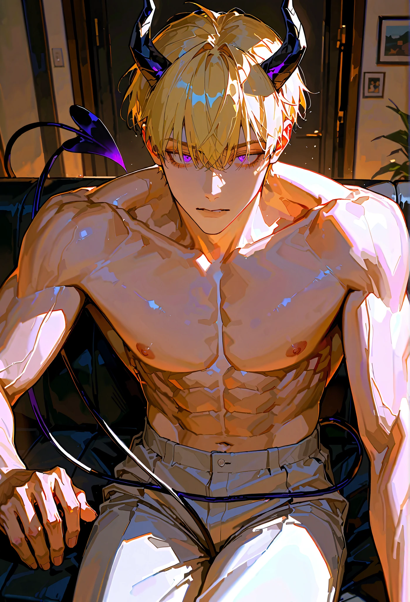 (GilgameshTopless:1.05), solo, looking at viewer, short hair, blonde hair, red eyes, 1boy, male focus, sitting, crossed legs, (completely nude:1.2), tones, tattoos, [from side], from below, fire, rumbles, ruined city, smiling, looking at viewer, looking down, dark background, sitting on debris, night, smoke, cowboy shot,