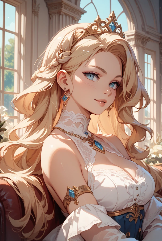 (best quality, masterpiece, ultra high resolution), (8k wallpaper, high-definition, HDR, RAW), (authenticity: 1.4), (full body shot), 1girl, ((Anime Queen)), ((Blonde wavy hair)), ((Pretty Anime Girl)), ((Beautiful Royal Dress)), ((Blue eyes)), ((Pale skin)), amazing very curvy body, female curves, huge breasts, large breasts, long legs, thick thighs, sexy flat tummy, perfect hands, ((wearing thight dress)), ((Crown)), ((White dress)), bare foot, Sitting on a throne, ((Subtle smile)), ((Inside a white palace)), skylight illumination, sunlight illumination, divine illumination