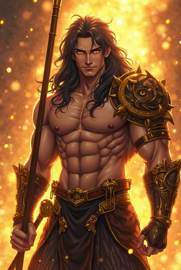 work of art, Great, Solteiro, 1 person, mascle. Tanned fur man with 2,10 meters high. 120 kg of pure muscle, long black hair tied in a ponytail. Bright eyes like embers radiating intense heat. Muscular, scarred torso. Armor made of metal pieces that cover shoulders, arms, legs with engraved flame details, but it doesn&#39;t cover your chest and abdomen.