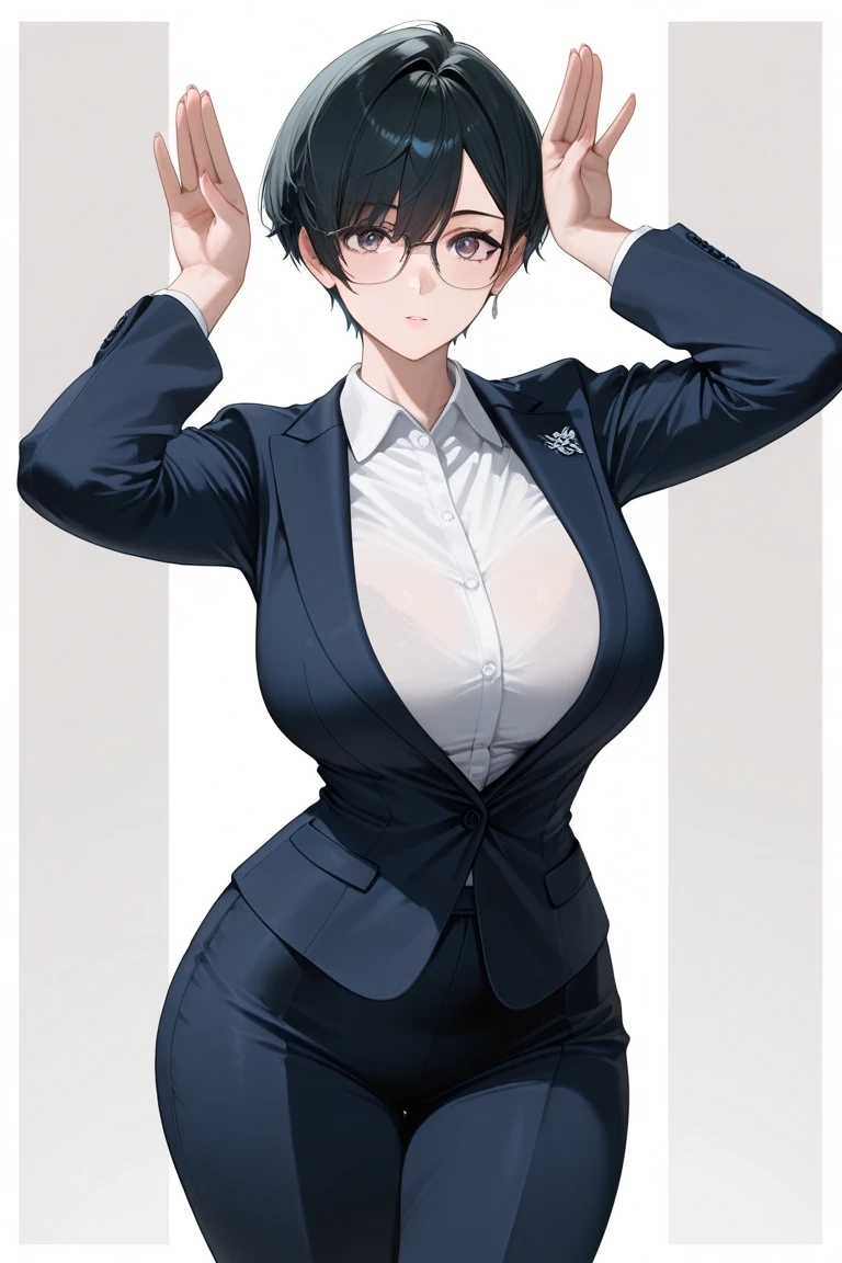 (best quality:1.5, highres, UHD, 4K, detailed eyes, detailed lighting, detailed hair, shaders), black hair, bob cut, hair covering one eye, cool woman, cool girl, sharp eyes, blue eyes, beautiful, large breasts, formal suit, necktie, jacket, with glasses