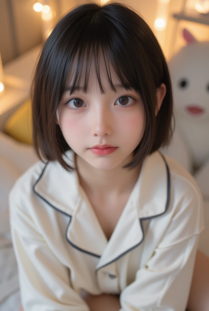 Pieces fly, highest quality, figure, Very detailed, Fine details, High resolution, 8k,wallpaper, Perfect dynamic composition, Beautiful fine details, White camisole,Short Bob Hair,Big Natural Color Lip, Bold sexy pose,Crying a little、Cold Stare,Harajuku Style、20-year-old girl、Cute type、Lolita、Good Eyes、Sleeping in bed、Hold your head