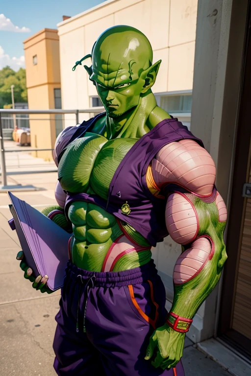 masterpiece, best quality, realistic, photorealistic, 8k,piccolo, 1boy, male focus, solo, standing, pointy ears,(purple dougi), green skin, oni horns, purple pants, closed mouth, looking at viewer, ((bald)),arms at sides,pink patches,black eyes, blue sash, rocks, grassfield, photo-realistic, octane render, unreal engine, ultra-realistic