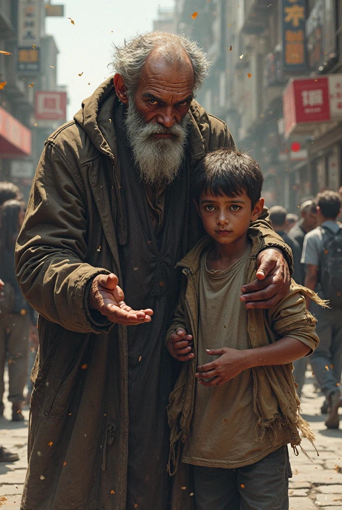 An old man on the street near a garbage can with his severely damaged children in his arms, with a sad gaze fixed on the sky