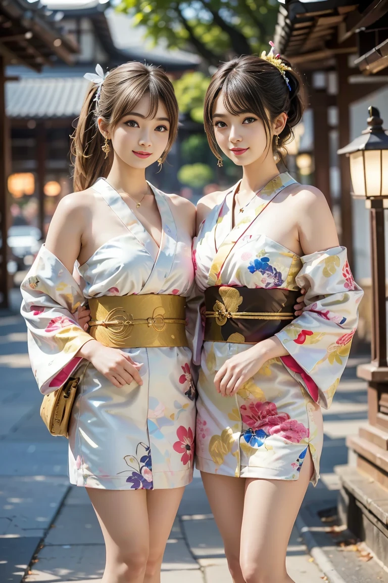 best resolution, 2heads, korean woman with two heads , brown hair, blonde, pixie cut and ponytail, different faces, cropptop hanbok,big breasts, 4 arms,perfect proportion, full view, indoor background