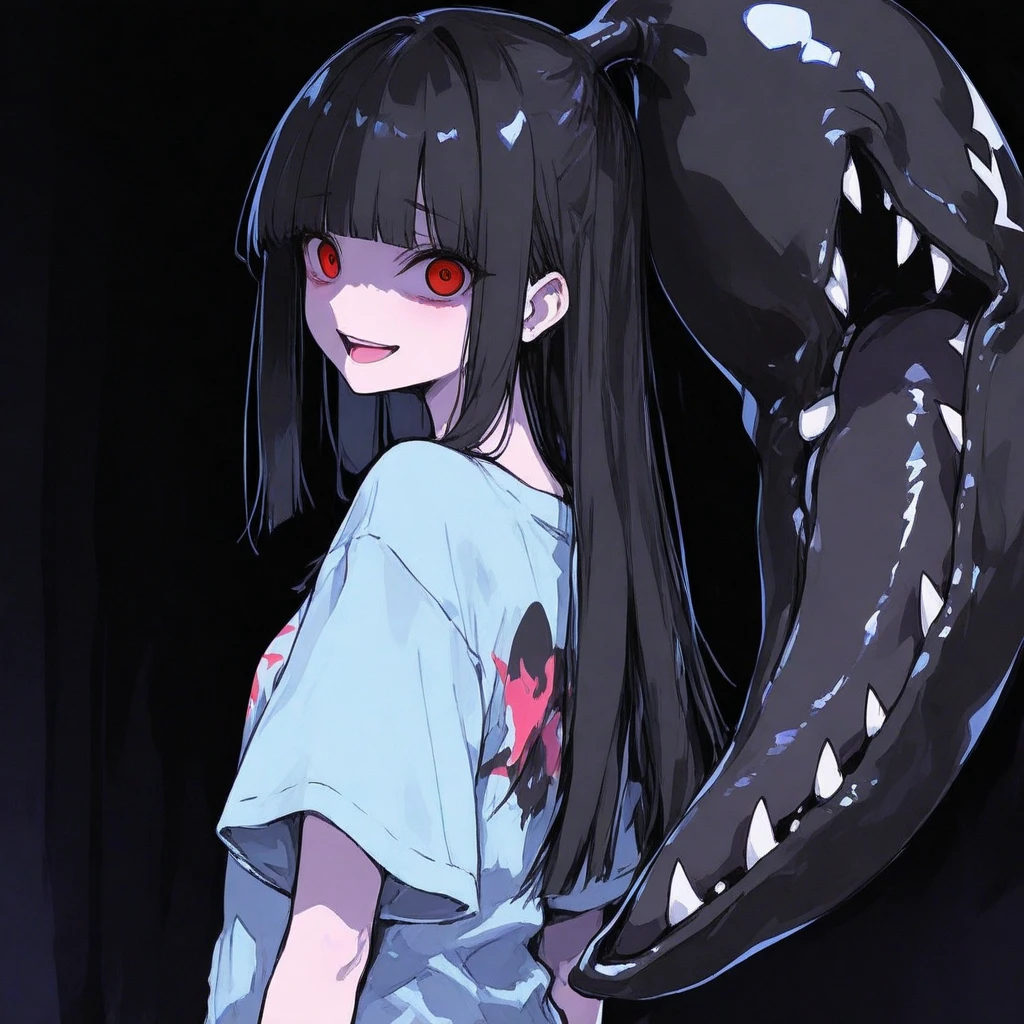 ((Long Straight Black hair)), Perfect face, Choker, Punk earrings, ((Tall)), ((High Quality)), Necklace, ((Mature)), Pretty Eyes, Sharp Nails, Bangs, ((1 Girl)), ((Multiple Earrings)), 1 girl, Spiky Earrings, Adult, Spiked Collar, Thin Eyelashes, Black Background, Red Colors in Background, Vampire Girl, Long Tail, Large Tail, Shark Tail, ((Jean Shorts)), ((Long Sleeve Crop Top)), Close Up, Tall, Long Legs, Dynamic Pose, Black Tail, 2 moles under left eye, Pantyhose, Vibrant Colors, Close Up, Sexy, Suggestive, Sexually Suggestive, Thick, Thick Body, Skinny, Black Thigh Highs, Lewd, NSFW, Hentai, Teasing, Vagina, Tits, Nipples, Pussy, Ponytail,