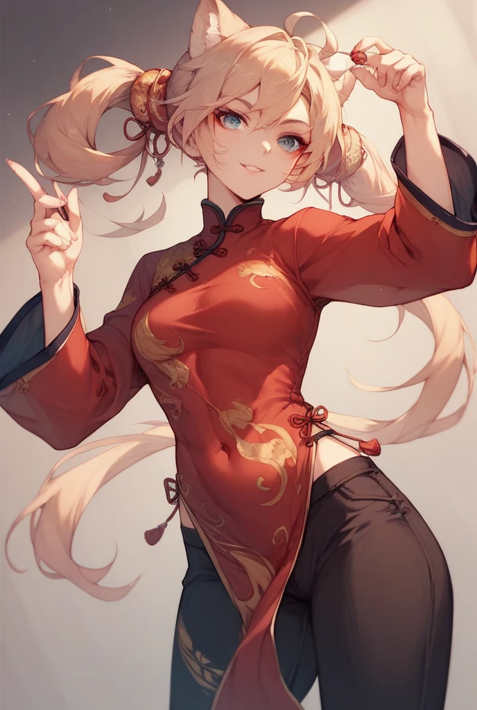 (Best quality, dynamic lighting, highly detailed) blonde haired girl, beautiful, cute, smiling, double buns, brown eyes, skinny, , small breasts, chinese dress.