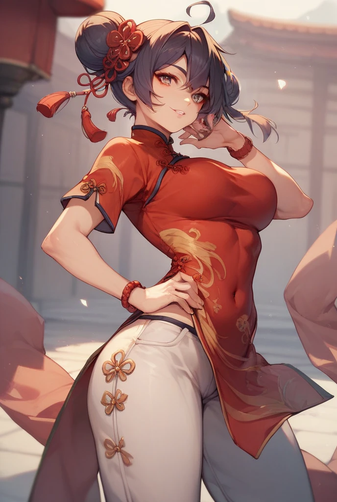 quality\(8k,Extremely detailed CG unit wallpaper, masterpiece,high resolution,top-quality,top-quality real texture skin,Surrealism,提high resolution,RAW photos,Best quality,Very detailed,,light,Ray Tracing,Golden Ratio\),Royal sister,Chinese Girl,Ball head,Chinese style,cheongsam,cheongsam,High slit cheongsam,Tights,Tights,Tights,Silk socks,Ball head hairstyle,meatball hair,Black Silk Tights,Cleavage,Thick thighs,Strong thighs,Leg lift,Fighting Stance,Plump thighs,Chunli,Street background,Close-up shot from waist up,Lift your thighs,Lift your thighs,Combat stance,Martial Arts Styles,Red cheongsam,Red cheongsam,Red cheongsam,Pattern,cute,Hypertrophic breasts,Sports Bandage,Arm Bandage,bandage,Bandage,Red cheongsam,Red cheongsam