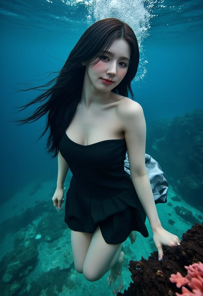 (((masterpiece:1.4, Best Quality:1.4, 8K, ultra high res, Physically Based Rendering))), sharp focus, full body Portrait, full body shot, flat lighting, ultra Beautiful Sexy Woman, very pretty Japanese women, perfect body:1.1, 24yo, Detailed large eyes, detailed thin eyebrows, Highlights in the eyes, (((brown long straight hair:1.4 , low half updo:1.1, hair behind ears, bangs, Super long hair that sways under the sea))), Highly detailed facial and skin texture, Slender beauty:1.4, (((sexy black mini dress:1.4))), ((gigantic breasts:1.6))), detailed beautiful nipples, small areola, Slim abs, narrow waist, (((no panties))), (detailed beautiful pussy exposed:1.4, open pussy:1.5, pubic hair:1.4, cum in pussy:1.2, peeing ), (slim and long beauty legs), (simple black stockings:1.5), no makeup, Clear facial features, (smile:1.3), hands behind head, looking at viewer, (standing under the sea with facing forward:1.3), (spread legs:1.4, from below:1.4), (into the super clear sea:1.4), (sunlight shining through:1.3),