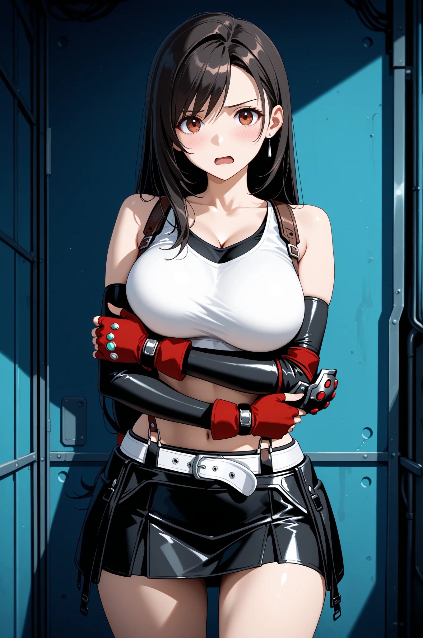 solo,blindfold, head tilt,sitting on chair,bar, tape gag, tape bondage, rope,Tifa Lockheart,masterpiece,(8k, best quality, masterpiece:1,2), (realistic, photo-realistic:1,37), top quality,