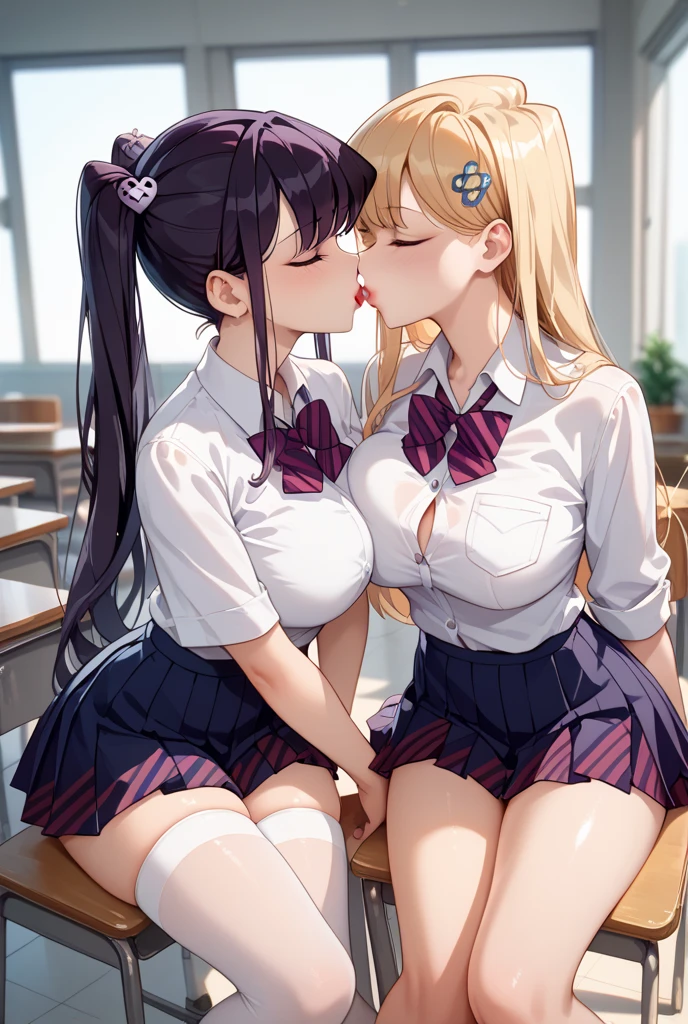 2girl, yuri, deep kiss, sweaty, nsfw,,gyaru, collarbone, bow, loose bowtie, white shirt, collared shirt, long sleeves, bracelet, wrist scrunchie,blue skirt, pleated skirt,
clothes around waist, licking each other's tongues,