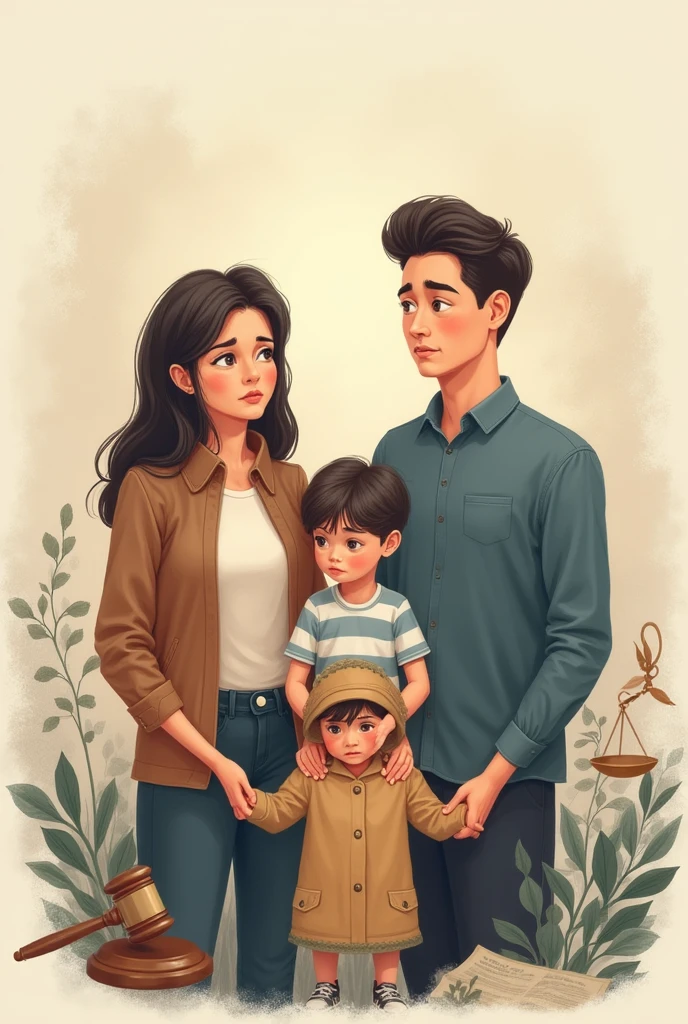 Drawing of a photo of a happy family, bald mother, smoking father, happy daughter, unsmiling eldest son