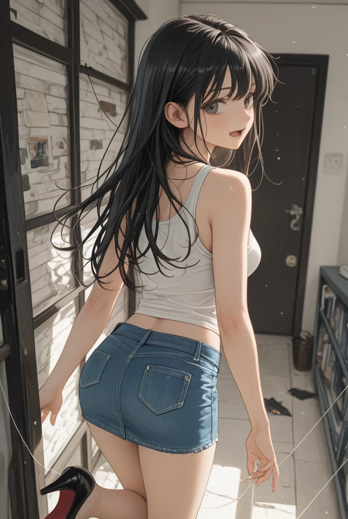 (ultra detailed eyes), (ultra detailed face),high quality, best image quality, masterpiece, teenage girl, 18 years old, very cute and beautiful girl, (undressing:1.3), (changing clothes:1.3), (adjusting bra:1.3), (Panties), (high school girl), (school locker:1.2), medium black hair, soft wavy hair, (smile:1.2), (looking back, from behind), medium breast, ((Finest quality)), ultra high resolution, ultra-detailliert, Meticulous portrayal, ((Best Anime)),