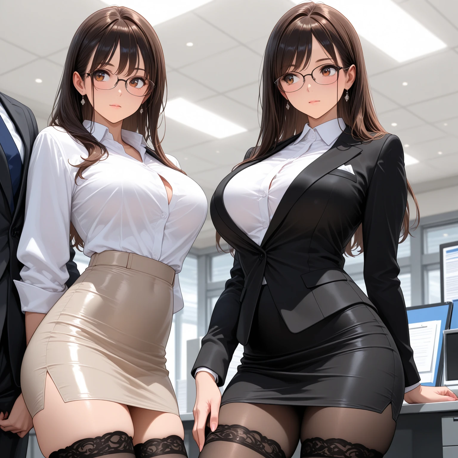 2heads, a tall thin woman with 2 heads. She has enormous breasts. She is wearing business attire. She is in an executive office. Laying on back, laying on desk. Straddling viewer, having sex with viewer. She has enormous fat breasts. She looks nerdy. Large circular glasses. She is smiling wide. She looks drunk. She has messy hair. She has giant hard nipples. She has gigantic fat breasts. She is very tall and thin. She looks young. Blushing, aroused. Drunk, intoxicated.