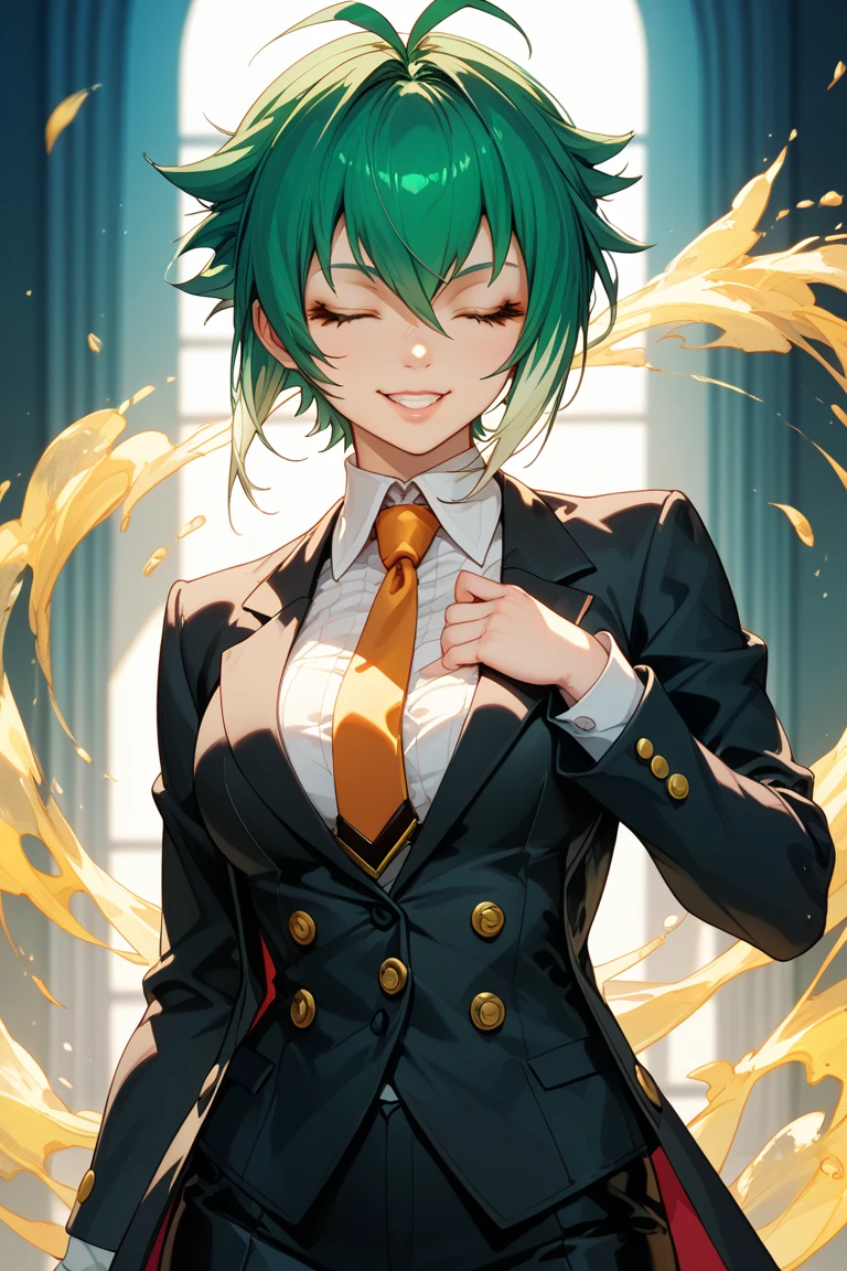sexy, NFSW, white skin, anime woman, happy, glowing green eyes, extremely short glowing orange hair, wearing a suit