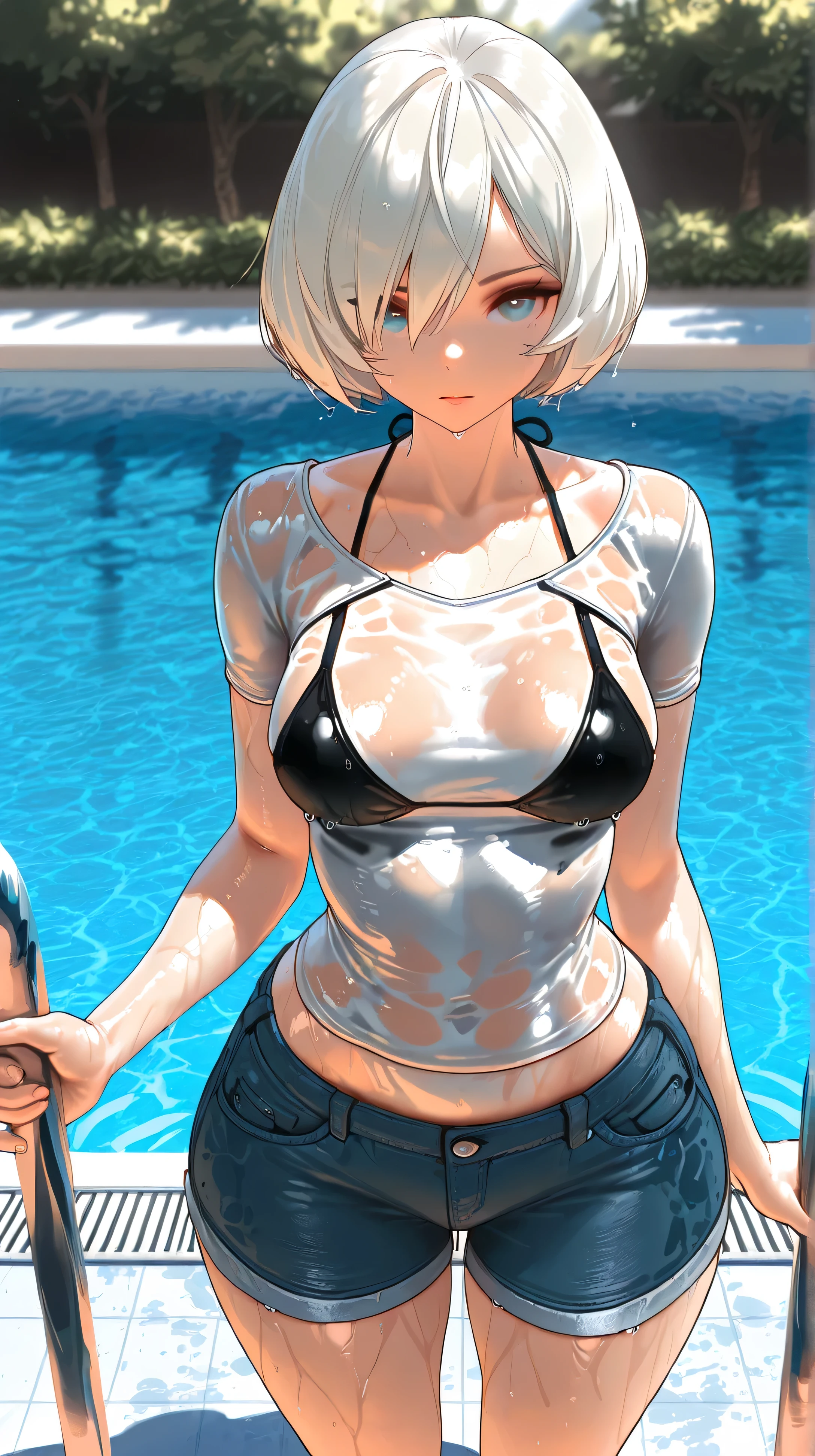 Create a photo-realistic young woman with blonde hair (Shoulder length), blue eyes and big breasts. She is wearing a white T-shirt, Round neck, Long Fit、Short sleeve, No bra, She also、She is wearing a unicolor black cotton miniskirt. She climbs out of the pool, soaked. The T-shirt fits snugly to the body.、A little transparent. whole body, Wide-angle shot.  