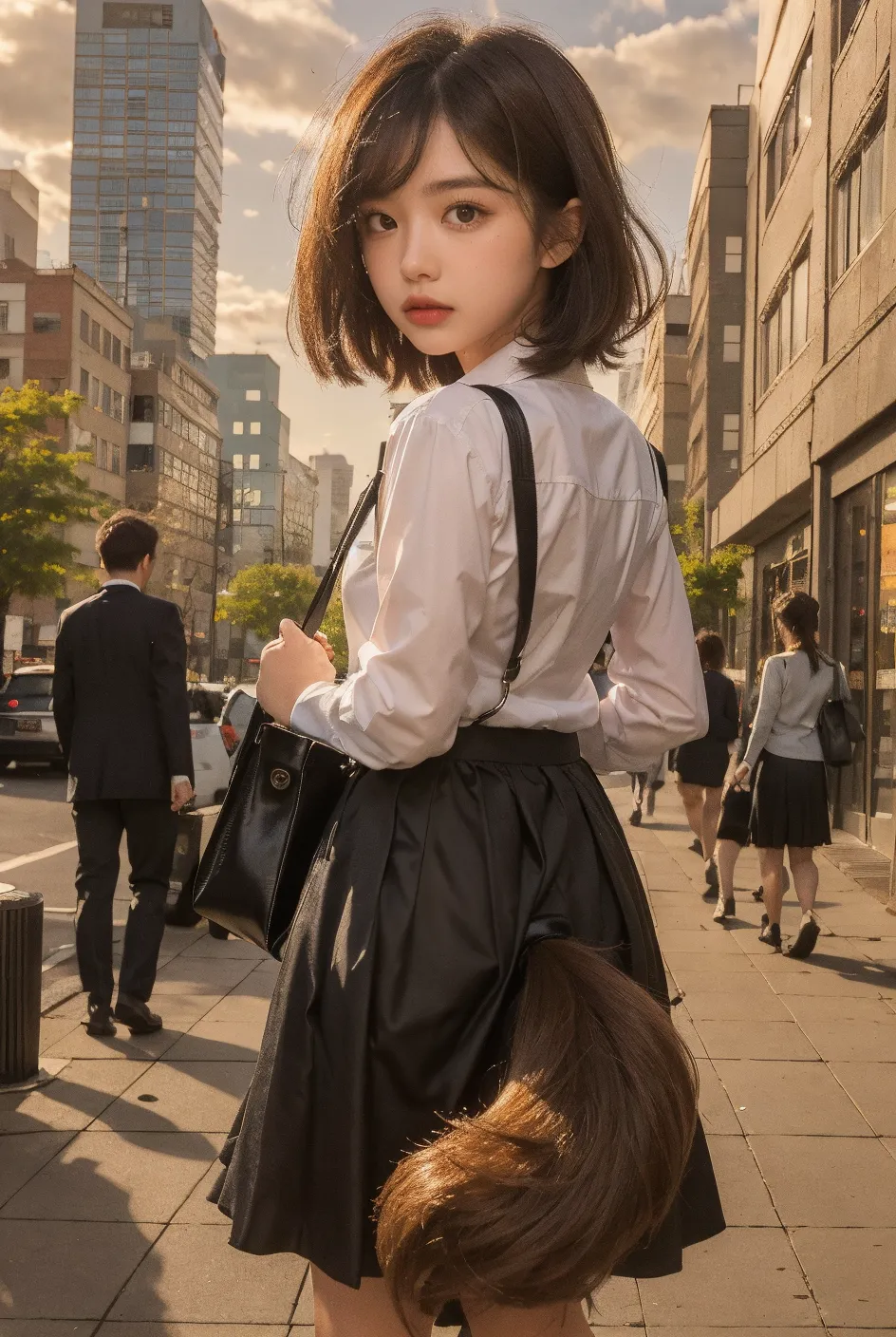 ,(RAW photo:1.2), (Photorealistic:1.4),Beautiful Meticulous Girl, very detailed eyes and faces, Beautiful detailed eyes, ultra - detailed, A high resolution, The is very detailed，best qualtiy，multipel Girls，tmasterpiece，Stylish short sleeves，a skirt，illustratio，The is very detailed，unified，8k 壁纸，finely detailled，tmasterpiece，best qualtiy，Unity8k wallpapers，light in face，cinmatic lighting, 3个女孩，16 yaers old，(Camel toes)，(full bodyesbian)，are standing，鎖骨，Stylish clothes，short  skirt，Long legs，high-heels，the street，城市，rays of sunshine