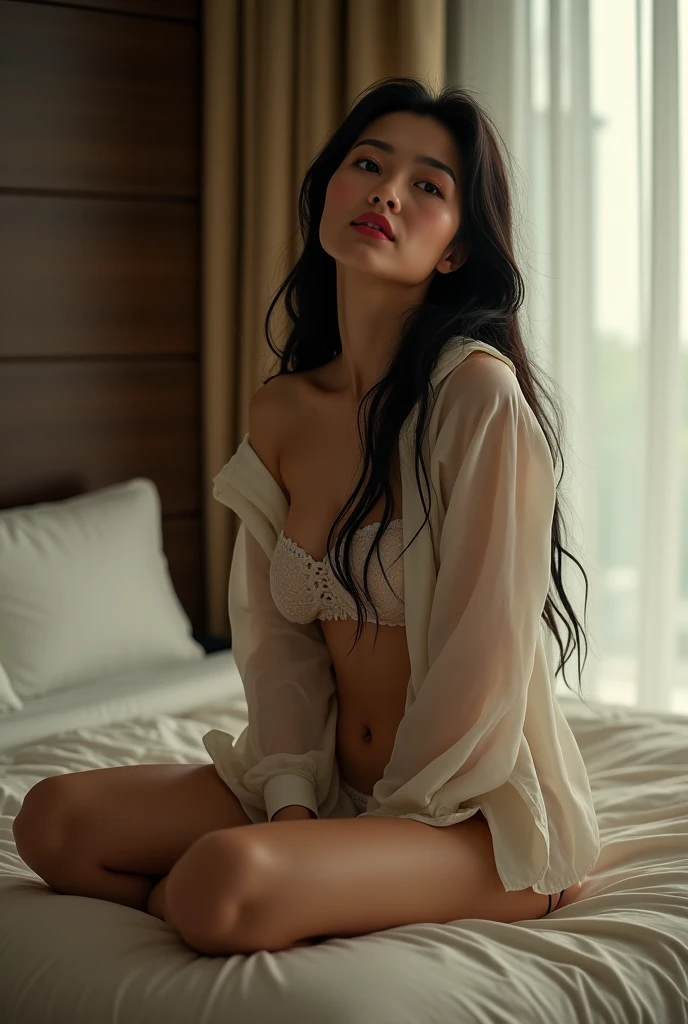 A teen latina brunette lying prone on bed with long beautiful legs wearing shorts