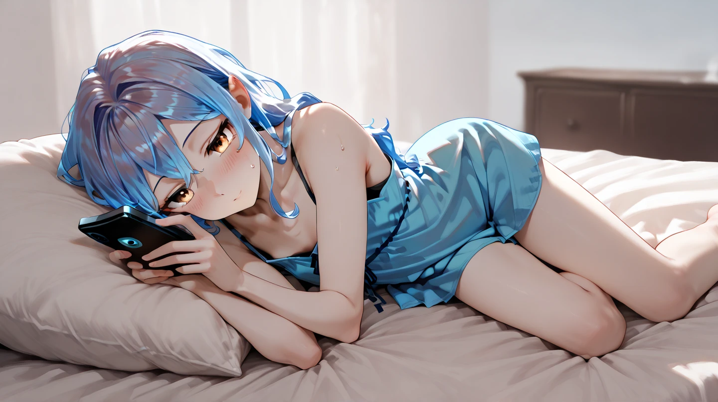 1girl, bluenette hair, light blue hair, next door girl, sleepy, lazy, bed, laying in bed, relaxing, lazy day, tired, comfy outfit