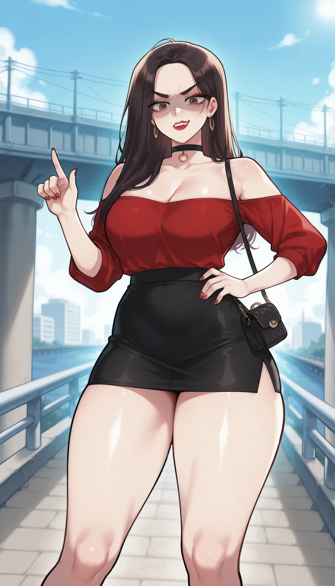 Best quality, solo mature woman, giant breasts, giant ass, very curvy, waterfall braid brunette, magenta eyes eyes, full lips, seductive, smiling, tight long slevee shirt, tweed pants, wool coat, dangly earring, thick thighs, curvy physique