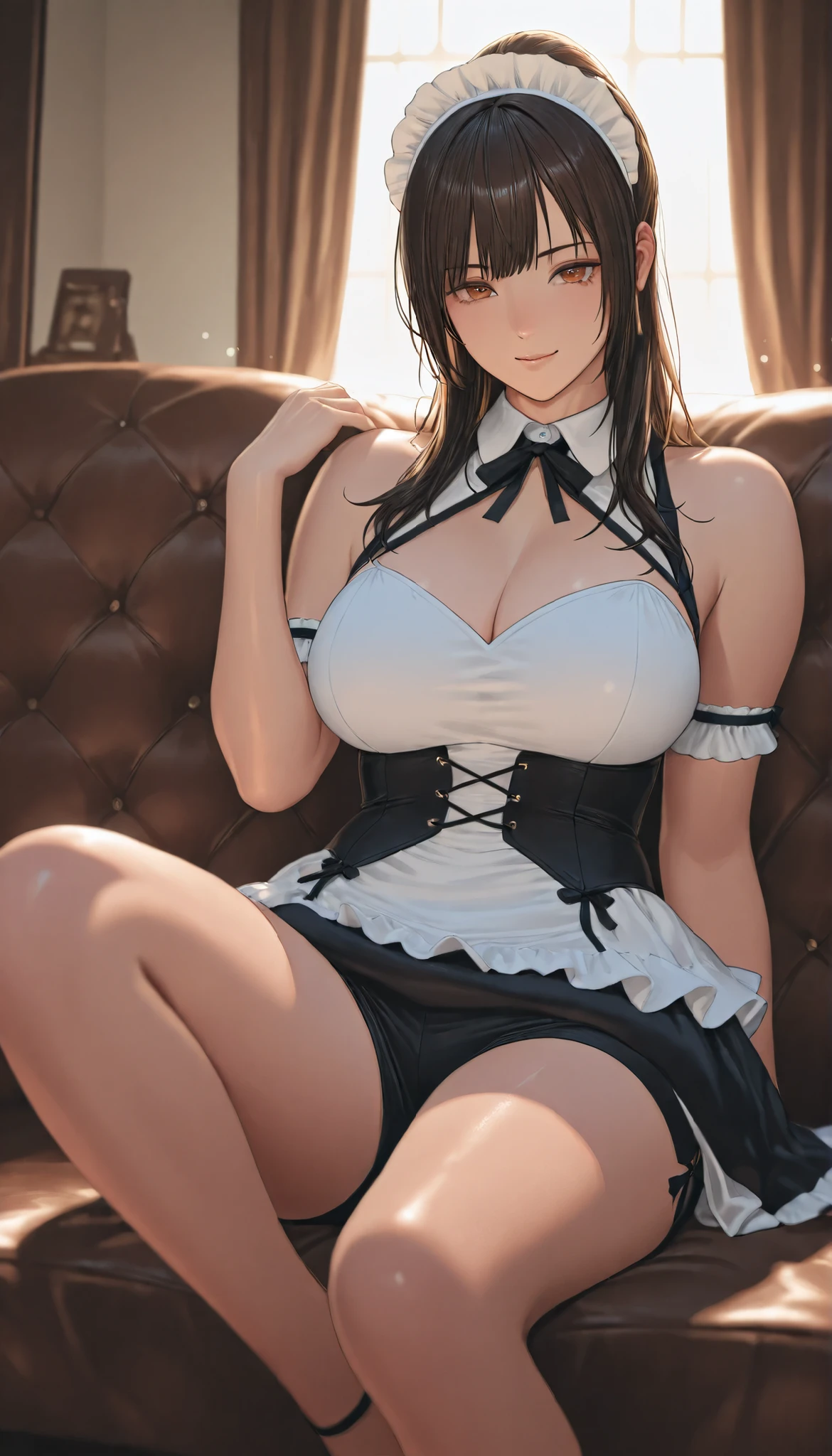 masterpiece, best quality, finely detailed, high resolution, extremely delicate and beautiful, (bunny girl) , white clothes, (huge breasts) , dark hair , beatiful sexy white socks , smile , (( squating banchira )) , sitting , angle from below