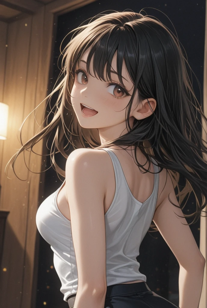 1 female,black hair,((12 years old)),(((blue shiny shorts)))((sexy black micro bikini))(((blush、open mouth smile)),(((Yuki Mikan))),(((portrait))),crowd,(((White see-through tank top)))(Baby girl body shape)(((small breasts)))sexy pose