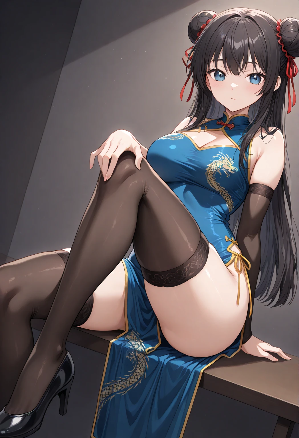 Long black hair, Blue and white porcelain, on cheongsam, Half naked，spread their legs，Masturbation，climaxing