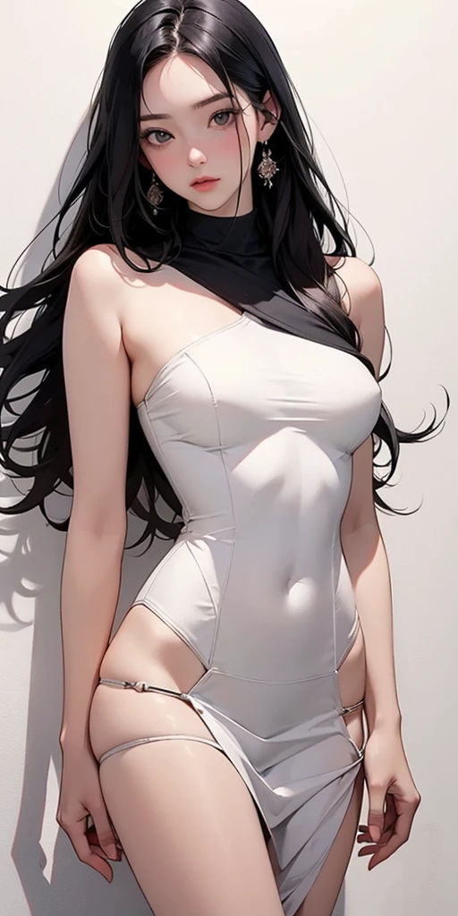 (((hyperrealistic))), (illustration), (((high resolution 32k))), (((32k))), (((extremely detailed))), (best illustration), (cute detailed eyes), (((best quality))), (((hyper detailed))), (artwork), (wallpaper), (((detailed face))), 1 girl, white wavy hair, Korean, heterochromatic eyes, small spots on eyes, loose white shirt, yoga pants, broad shoulders, long legs, tight abdomen, camel crotch, dynamic pose, (((showing the signs of clothing))), (((hyper detailed clothing))), (((highlighted colors))), ,leggings, crop top, black hair, bright blue eyes, medium breasts, smile, fit, athletic,full body, skinny slim rogue alone (((Christina Ricci))), ((She's in a castle)), Highly Detailed Face and Skin Texture, (((pale skin))), ((flatchest)), no breasts, pale complexion, ((("very black hair"))), cyberpunk ribbons, metal necklace, full body, piercing in the nose.