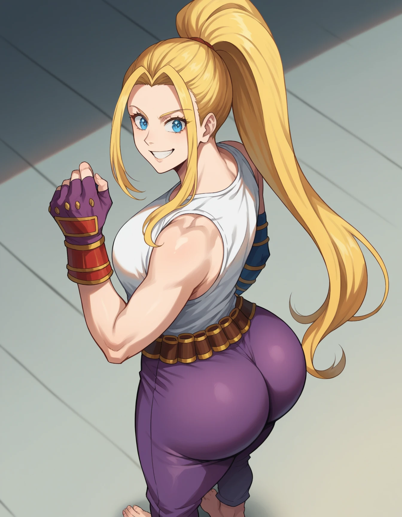 masterpiece,best quality, highly detailed, score_9, score_8_up, score_7_up, score_6_up,BREAK
pacifica, 1girl, solo, blonde hair, gloves, jewelry, earrings, long hair, bangs, blunt bangs, hand on hip, smile,looking at viewer, ponytail, makeup, style parody, eyeshadow, purple DOLLSUIT, full body, latex leotard, cameltoe, thick thighs, wide hips, brown boots, red gauntlets, fingerless gloves, back view, large ass, seen from below, dynamic angle