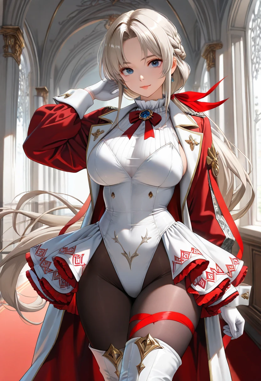 masterpiece, perfect eyes,ultra detail,
 woman, solo , beautiful, cowboy shot,  (higher weight), Dress, frills, Skirt_tail, Various colors, Thighhighs,dynamic pose, 
 Luxurious room, stained glass, light,
warm lighting, soft lighting, 
straight-on, close-up