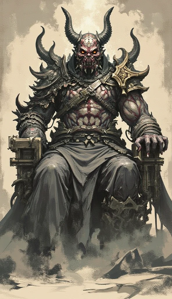 Realistic Digital Painting with Concept Art Elements"," digital painting," "concept art," "realistic," "high detail", "muscular",, "high-res", "ominous aura,", "8k resolution", "oil painting", "darker tone" , "little saturation" ,"dark feeling", "concept art" , "detailed features" , "detailed eyes" "1man" , "demon" , "large horns" , "Fangs" , "long hair", "short stubble on chin", "long nails" , "Leviathan" " , "full body" , "covered in blood" , "smiling" , "amazing background" , "sitting on a lavish throne" "dark castle background", "wearing a loincloth" , "head resting on hand" "very muscular" , "long white hair" , "grinning sharp teeth" , "large and imposing" , "White eyes" "attractive" , "tattooed", "white large wings" , "throne made out human skulls" , "charming"
