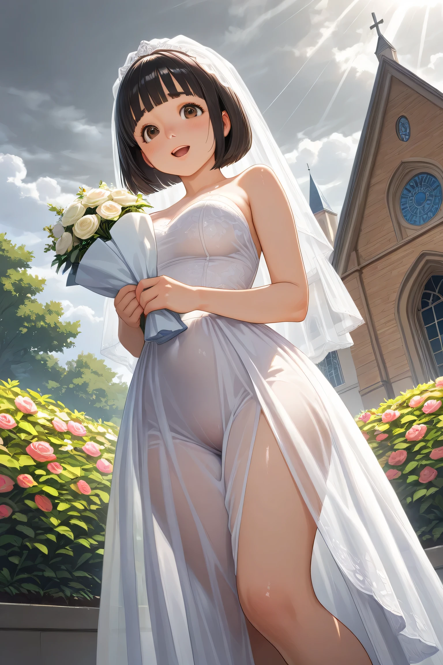 highly detailed skin, highly detailed face, (beautiful detailed eyes, red cheeks, smile), ((a girl stands)), The girl is a cute 18 year old bride, ((no panties, Cute, thin pubic hair)), (Not wearing a bra, small breasts, cute nipples), (Golden Wedding Dresses), ((golden heel shoes)), (white tights), the girl is slender, lace mini skirt, reddish brown hair, straight long hairstyle, flower hair ornament, earrings, golden lace gloves, The Veil of the Bride, bride tiara, beautiful necklace, church chapel, A blizzard of falling flowers, ((Photographed from the front so that the girl's whole body is included)),