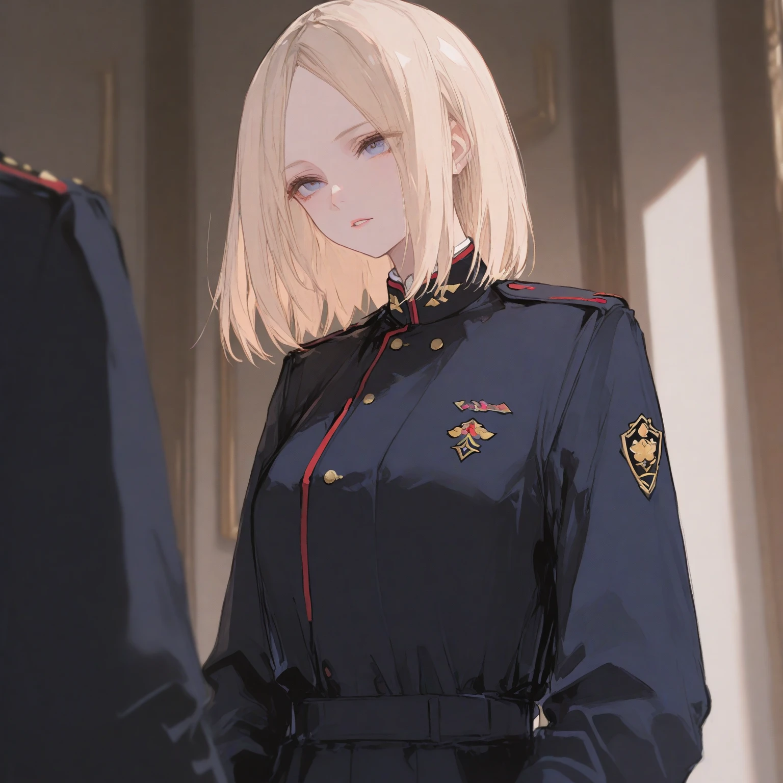 A female Nazi officer with blonde hair and green eyes.  She has a long coat and her long back hair tied up