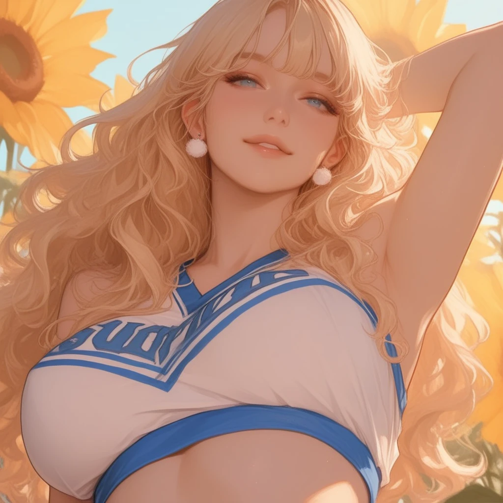 1 girl, solo, Big breasts, underboob curvy, realistic, blonde hair, green and blue eyes, amazing big eyes, eye details, eyebrow details, big lips, blush, confident, HD, good quality, white crop top, denim shorts, seductive 