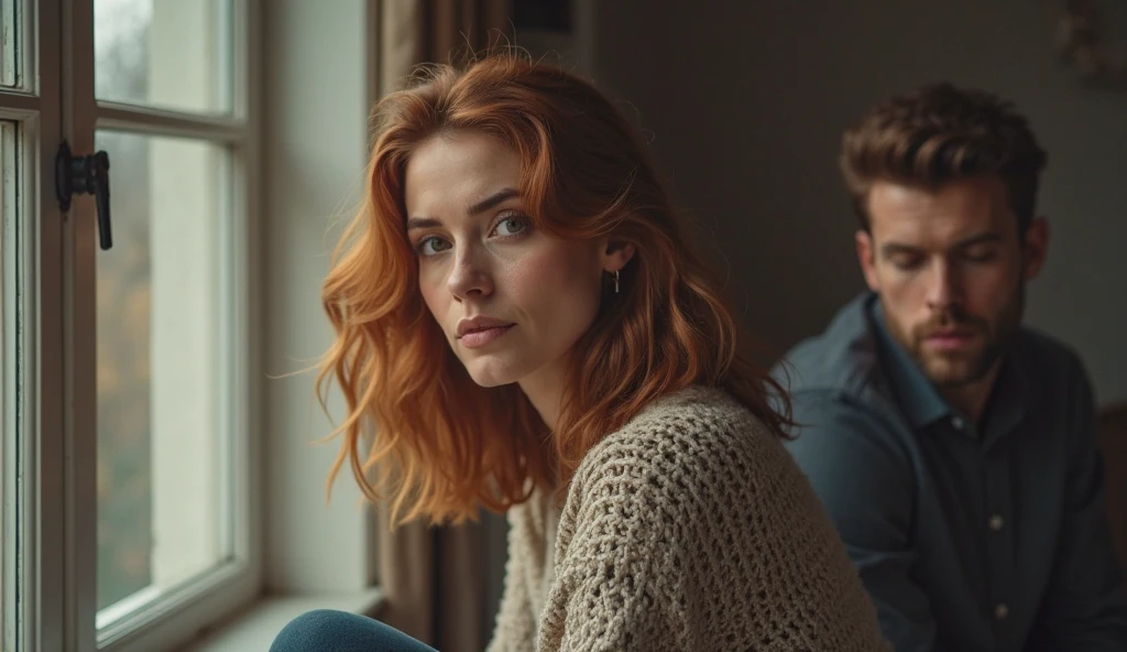a beautiful woman, married woman, 32 years old, long red hair, shiny brown eyes, new, sitting on a man's lap on the couch while her husband watches them both