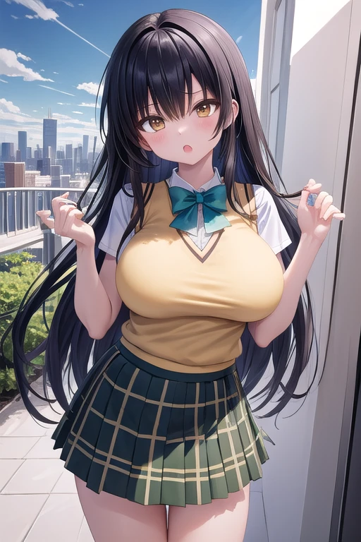 1girl,2girls,:o,blush,bow,bowtie,breast grab,breasts,brown eyes,brown hair,comic,grabbing,grabbing from behind,green bow,green bowtie,kotegawa yui,large breasts,long hair,multiple girls,navel,nipples,open mouth,plaid,plaid skirt,sainan high ,,self fondle,skirt,speech bubble,sweat,topless