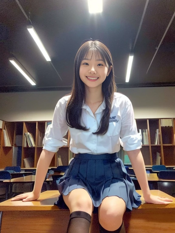 (​masterpiece、high-level image quality、hightquality)、(School teacher、student teacher)、Japan  Woman、22year old、Perfect body、Teacher's attire、Colossal tits、beauty legs、mesmerize、armpit、Smile、Beautiful skin、(school、‎Classroom、tw、desk work、a chair)、Schoolboy captive、Dear Schoolboys,　Do you like naughty teachers?？、Naughty Poses、(perfect anatomia、Beautiful limbs)、window、crystal clear skies、Professional filming、