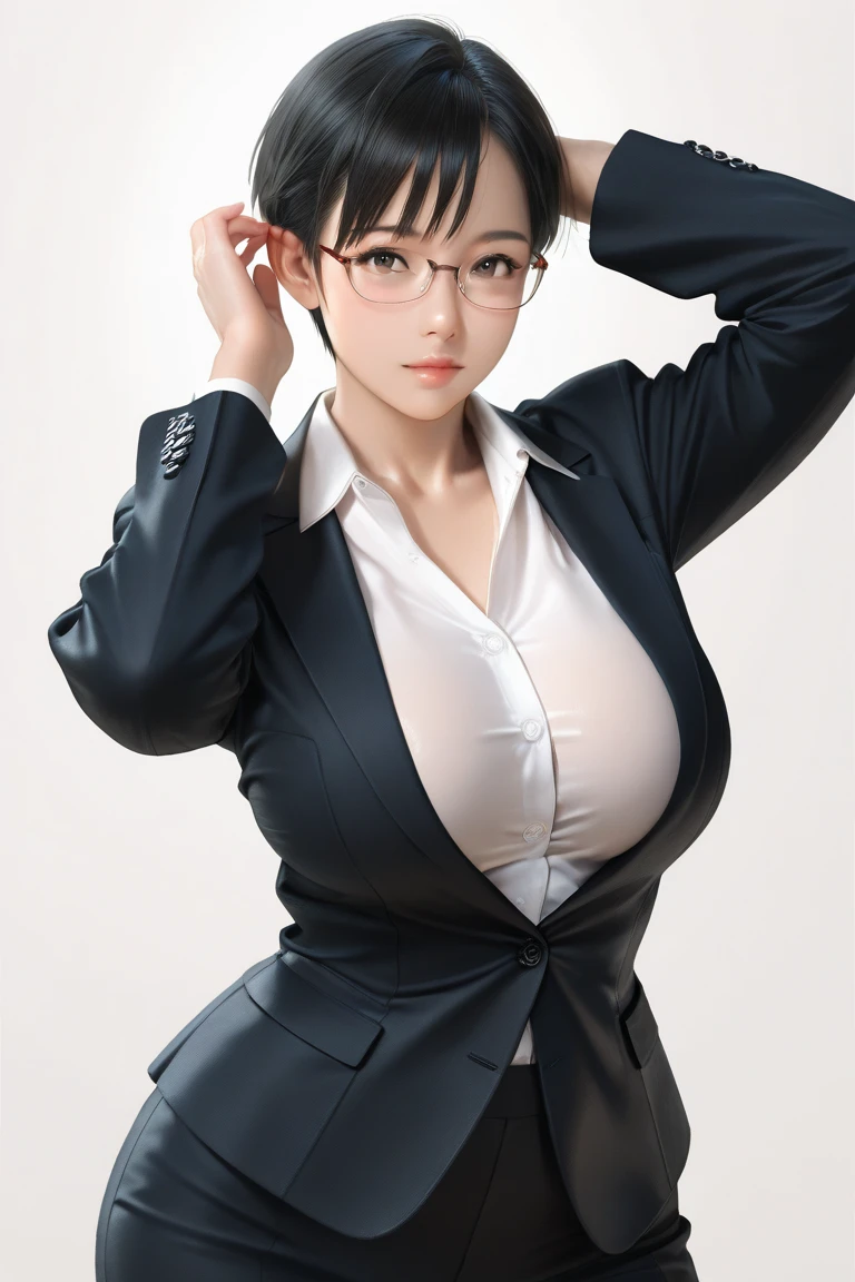 hight resolution, extremely detailed photo, hyper realstic, Professional Lighting, Octane Render, detailed bust, A detailed face, detailed skin textures, Look at viewers, 8k wallpaper, masutepiece, Best Quality, 1girl in, short-hair, Business suits, OL costumes, eye glasses, Earring, a necklace, pantyhose, Large breasts, Photorealsitic, Arms Down, Breasts squeezed together