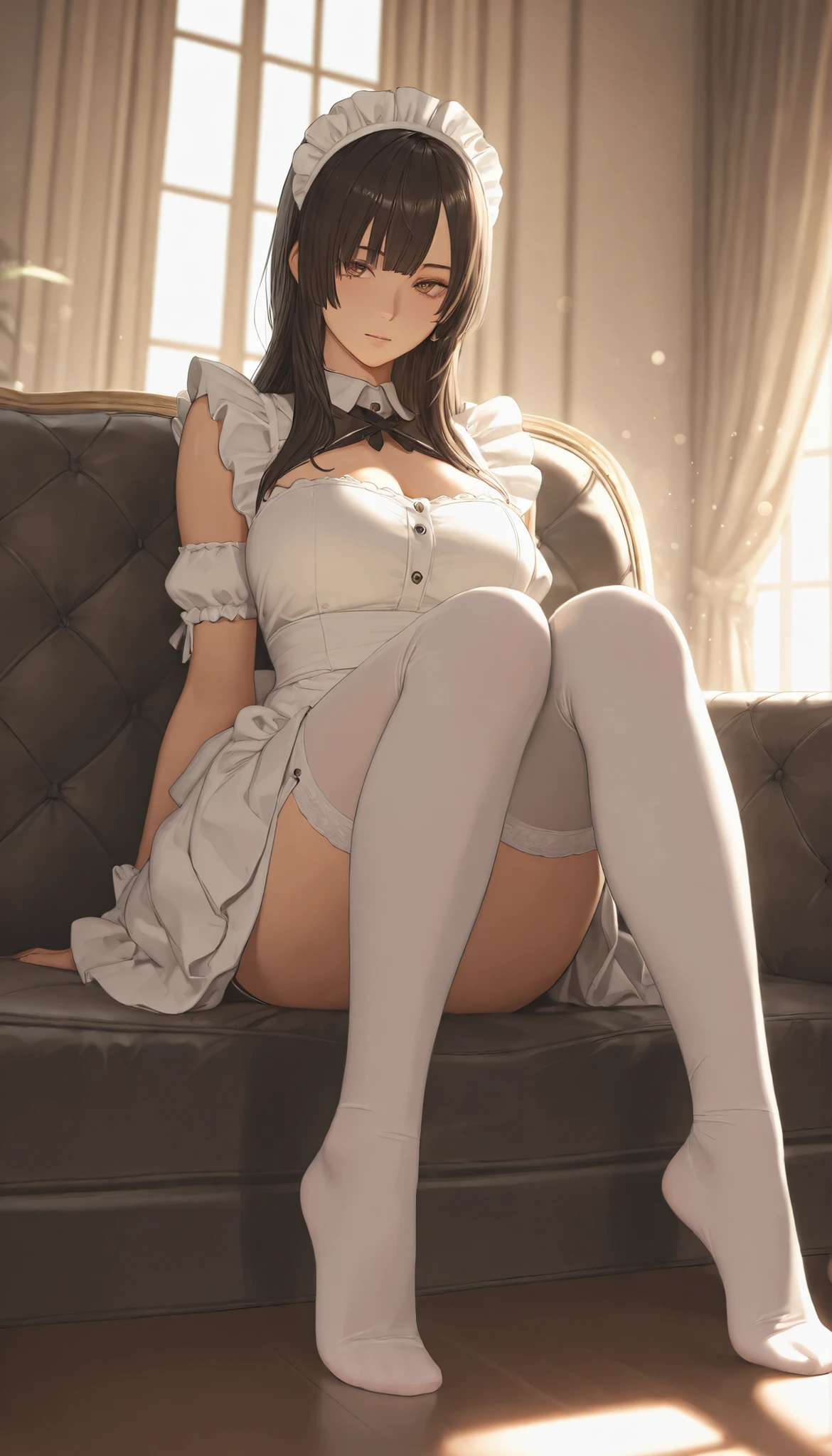 Highest quality, masterpiece, Adult women,8 heads,Long sleeve maid outfit,Without skirt,Brown Hair,Long Hair,Dark bedroom,Sit in the corner of the bed,Spread your legs、Leg spread,White tights,White garter belt,Wet white lace panties,I can see your pants,A seductive smile, Plump thighs,Long legs,