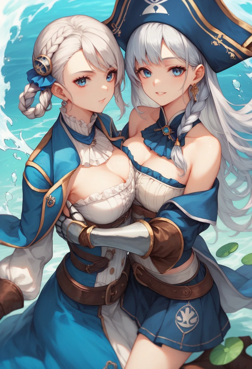 ((1 female pirate, belly belt with a sword, with brown pants with open zip, bare breasts, skull tattoo on chest)),((medium breasts)),((very large pubic hair)),((hair big brown)),((blue eyes, smile)),((facing the viewer)),((on a pirate ship, at sea during the day)),