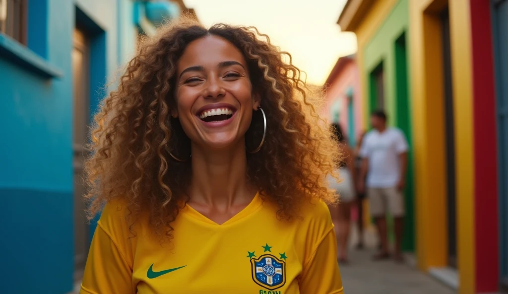 Uma mulher preta, with the Brazilian shirt, laughing and dancing, and another foreign woman looking at her and judging